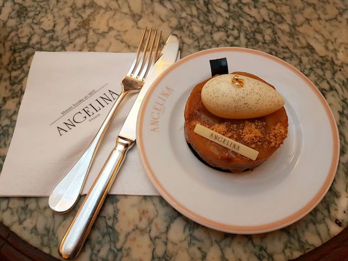 This is a picture of a cake in a restaurant in Paris.